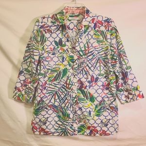 Foxcroft Tropical Floral Cotton Oxford Shirt Blouse 12P